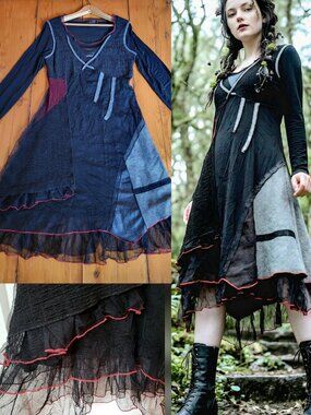 Goa Patchwork Black red  Dress Size 6 Mesh, Tule Asymmetrical whimsygoth fairy
